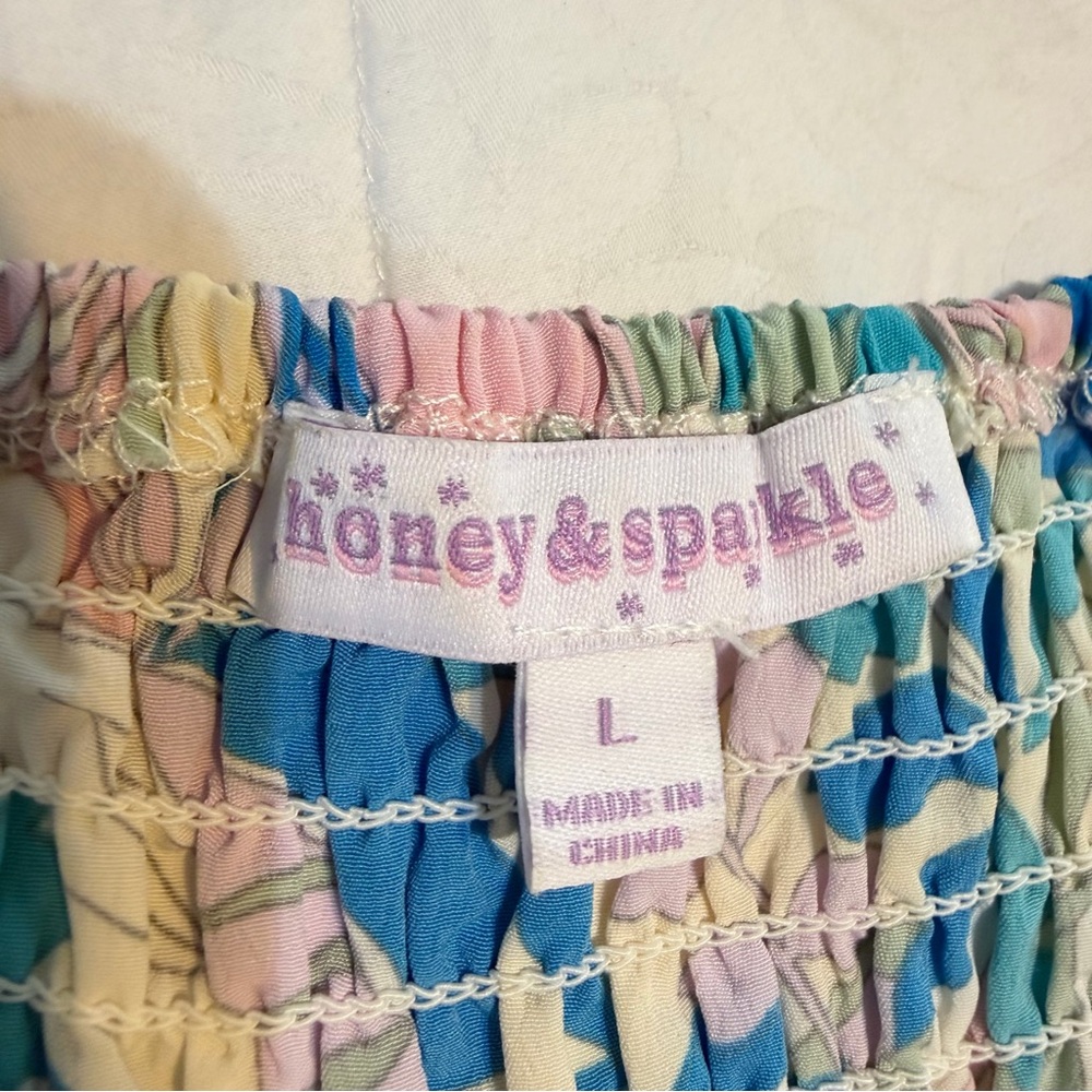 Honey & Sparkle Floral Smocked Babydoll Top Size L Puff Sleeve - Picture 2 of 5